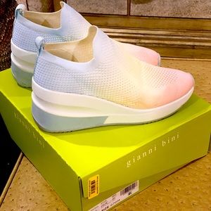 Gianni Bini Valeah Pastel Rainbow Ombre Stretch Knit Slip On Wedge Sneaker